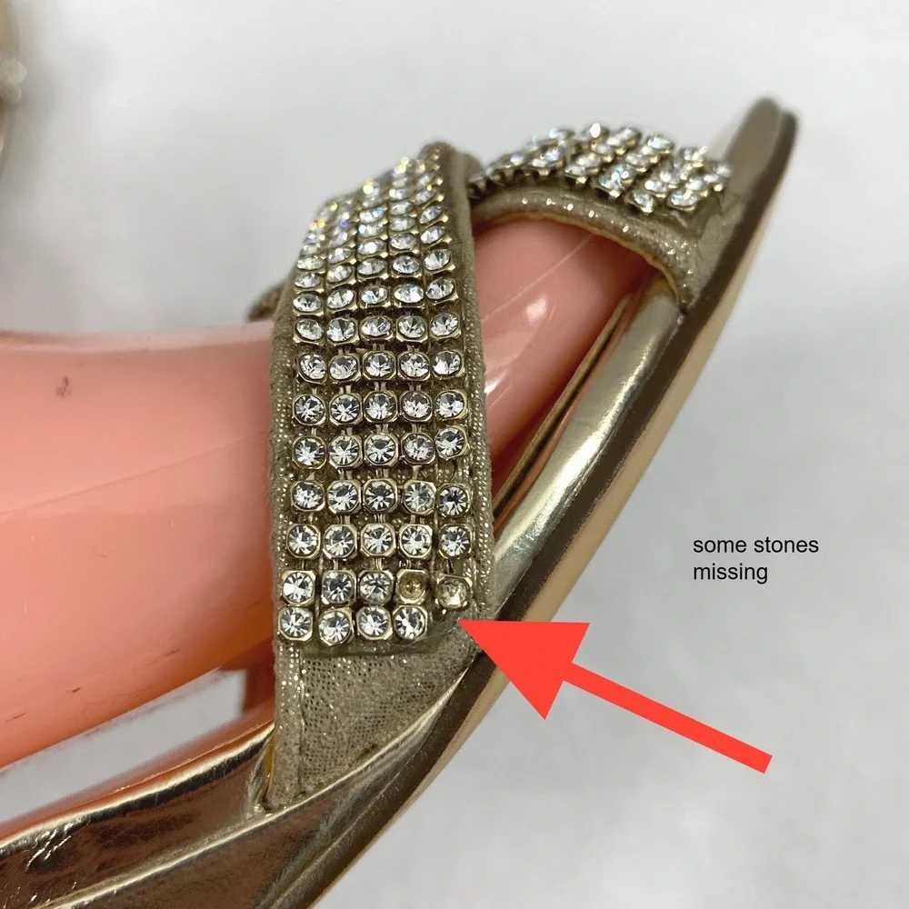 Womens Gold Rhinestone Wedge Sandals Size‎ 6M Metallic Ankle Strap Evening Shoes